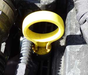 Ford Fiesta EcoBoost yellow engine oil dipstick