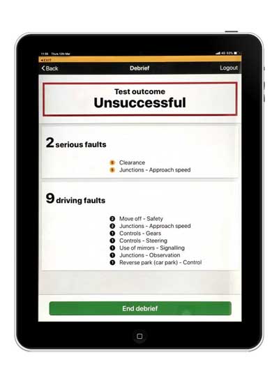Example of the digital driving-test marking form used on an examiner's tablet