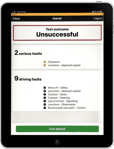 Example of a driving-test report displayed on an examiner's tablet
