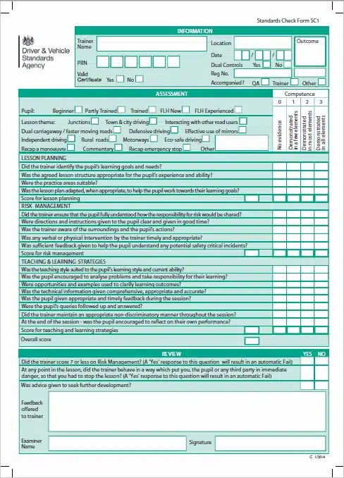 DVSA ADI Standards Check marking form SC1