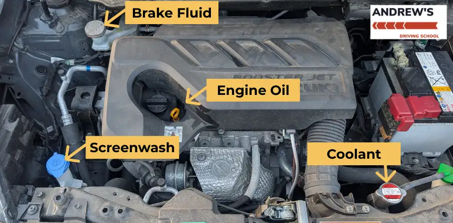 Labelled Suzuki Swift BoosterJet Hybrid engine bay for driving test questions