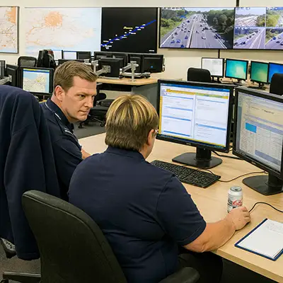 Motorway control centre monitoring traffic and incidents