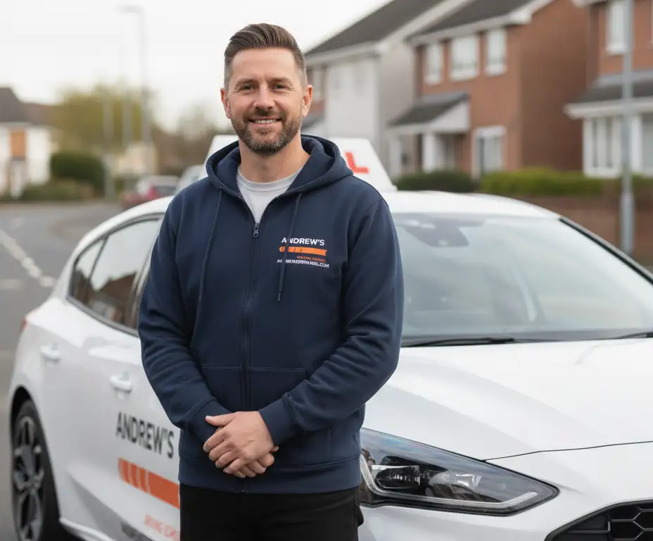 Driving instructor standing beside an Andrew's Driving School tuition car