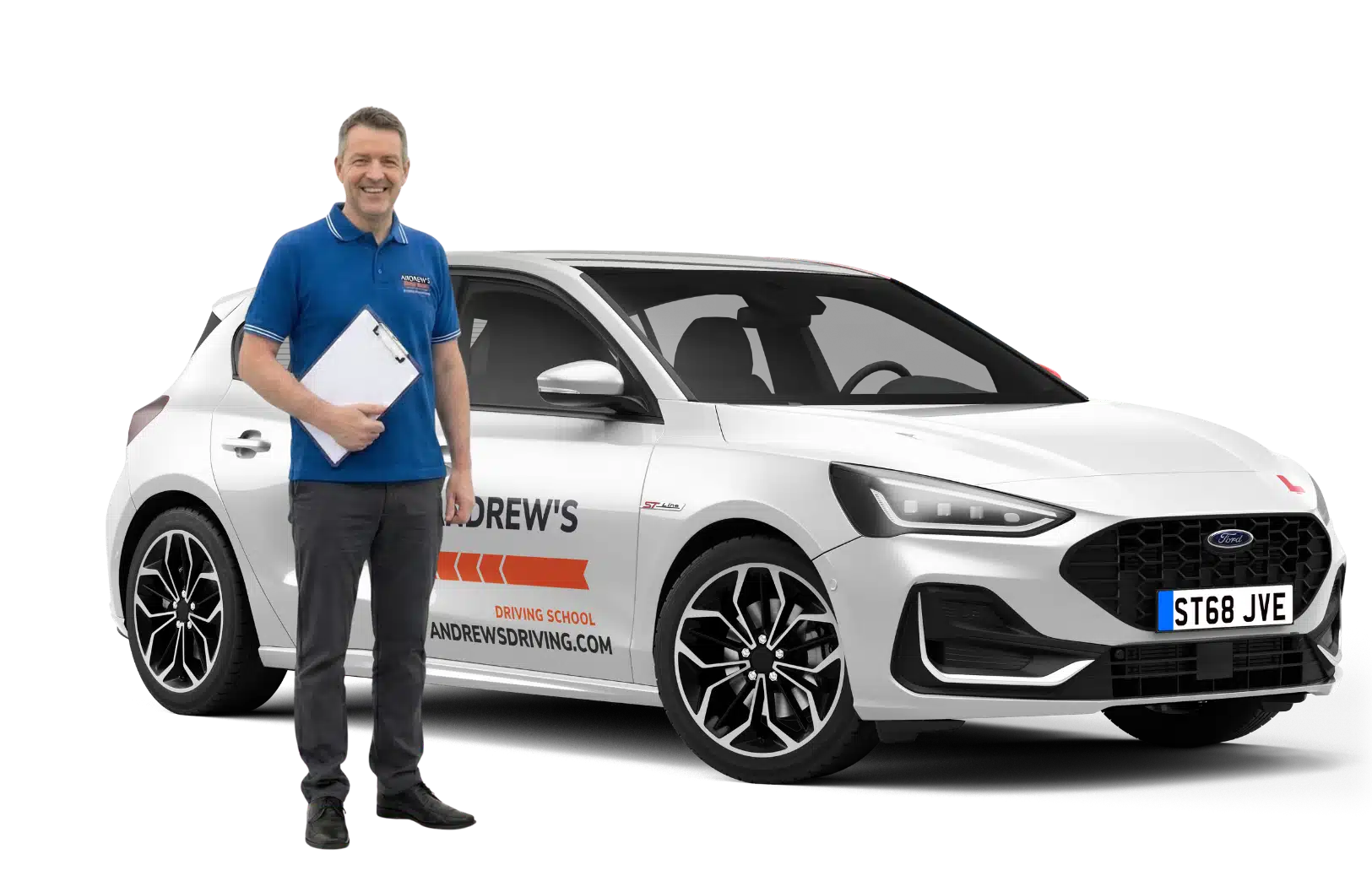 Driving instructor trainer holding a clipboard beside an Andrew's Driving School tuition car