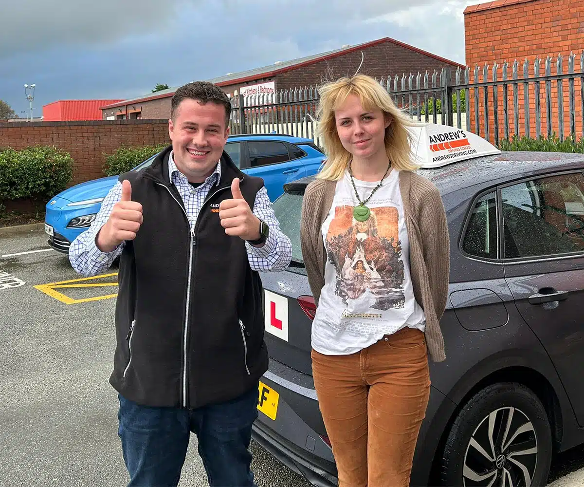 Jesse Florence celebrating an ADI Part 3 pass at Rhyl Test Centre