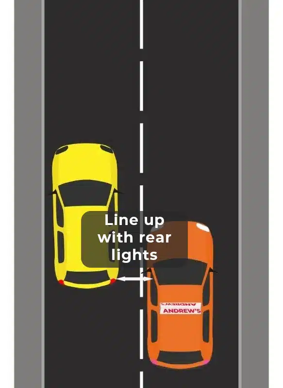 Reference point showing rear lights lined up with the passenger-side window during parallel parking