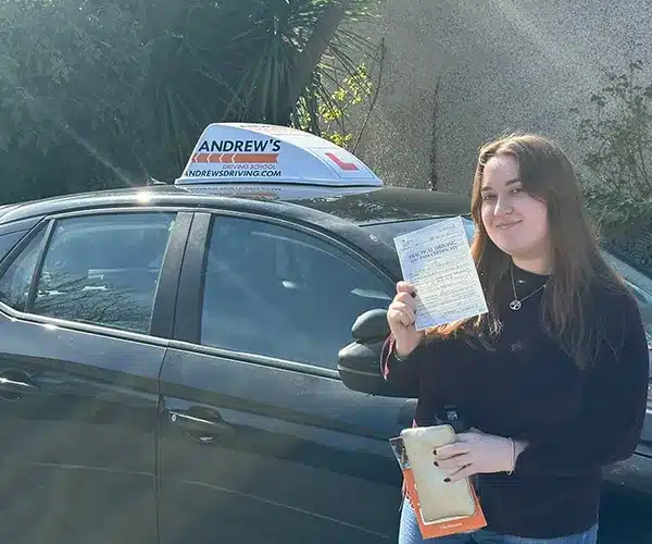 Sophie in Holyhead with her driving test certificate