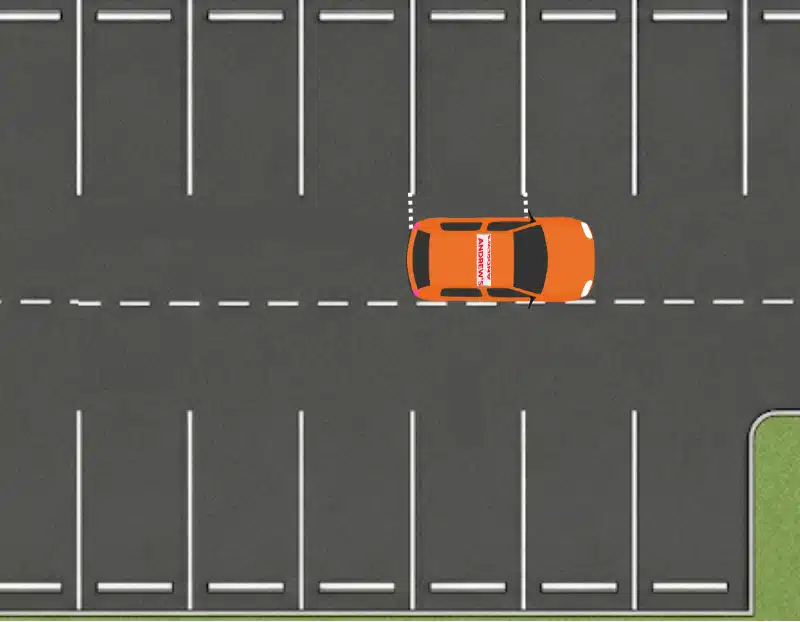 Orange learner car positioned parallel to parking bays ready to reverse bay park