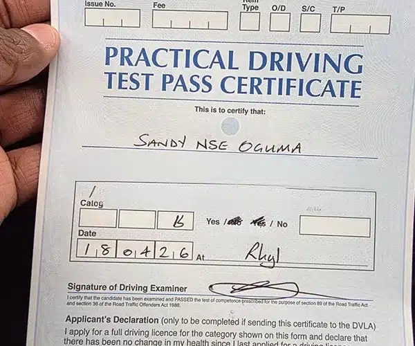 Pass certificate from Rhyl Driving Test Centre
