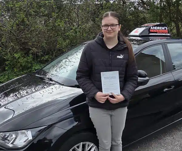 Vanessa celebrating a driving test pass after drivd Bangor with Jamie Abba, Andrew’s Driving School