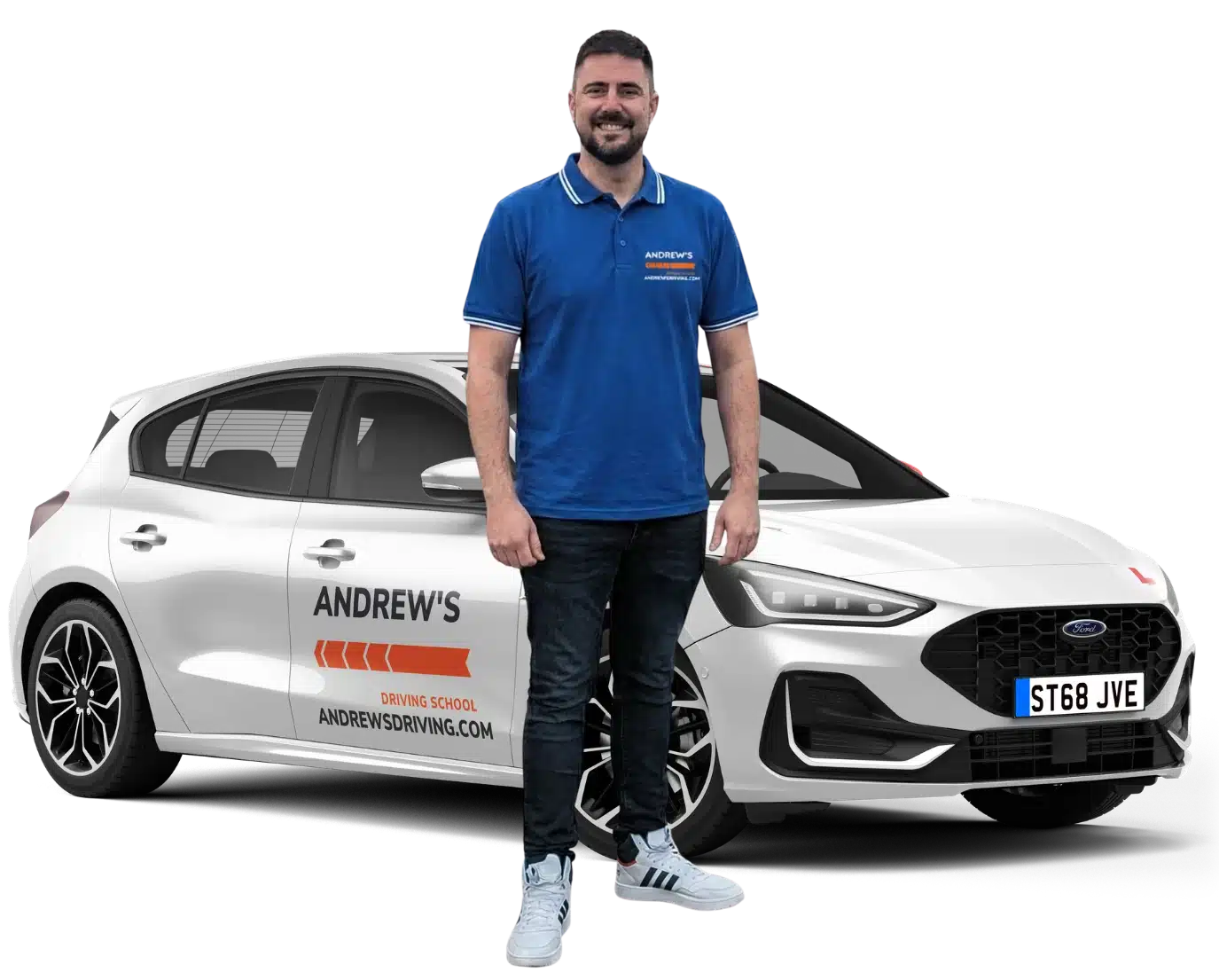 Andrew's Driving School instructor trainer beside a tuition car